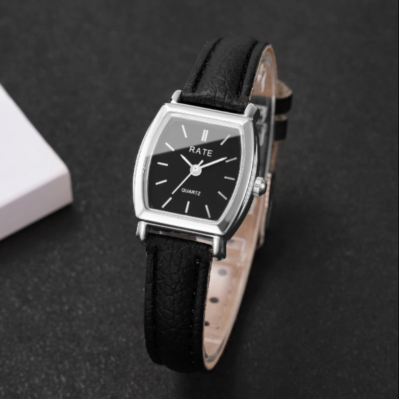 Montre automatique femme vintage carrée bracelet cuir | Noire & argentée