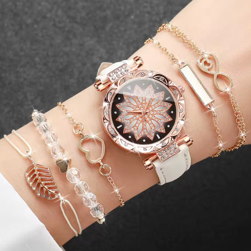Montre automatique femme originale élégante bracelet cuir | Rosace blanche Blanche Tempor'Elle