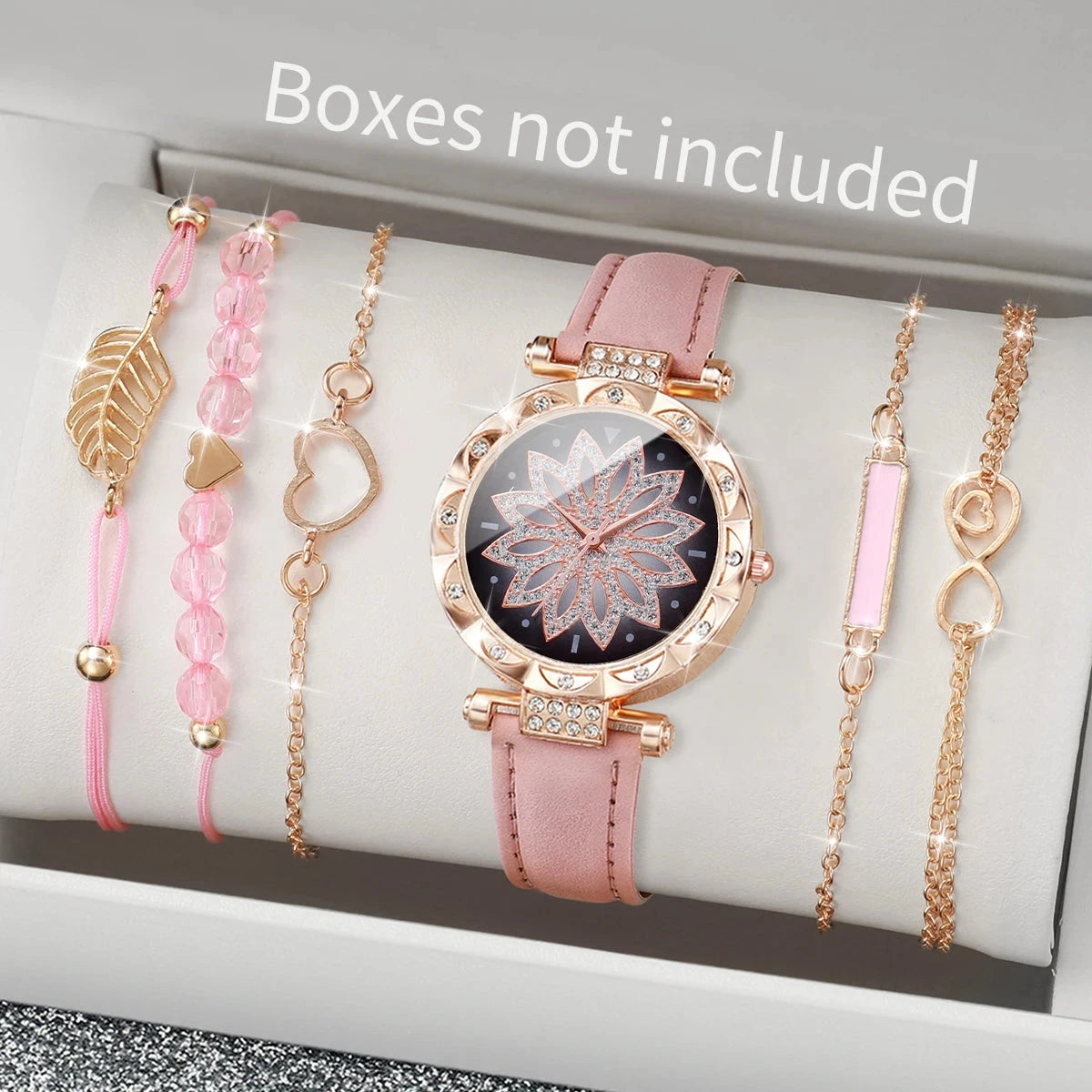 Montre automatique femme originale élégante bracelet cuir | Rose 6PCS Set Without Box Tempor'Elle