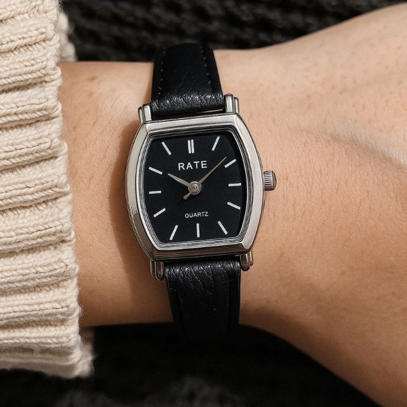 Montre automatique femme vintage carrée bracelet cuir | Noire & argentée Noire Tempor'Elle