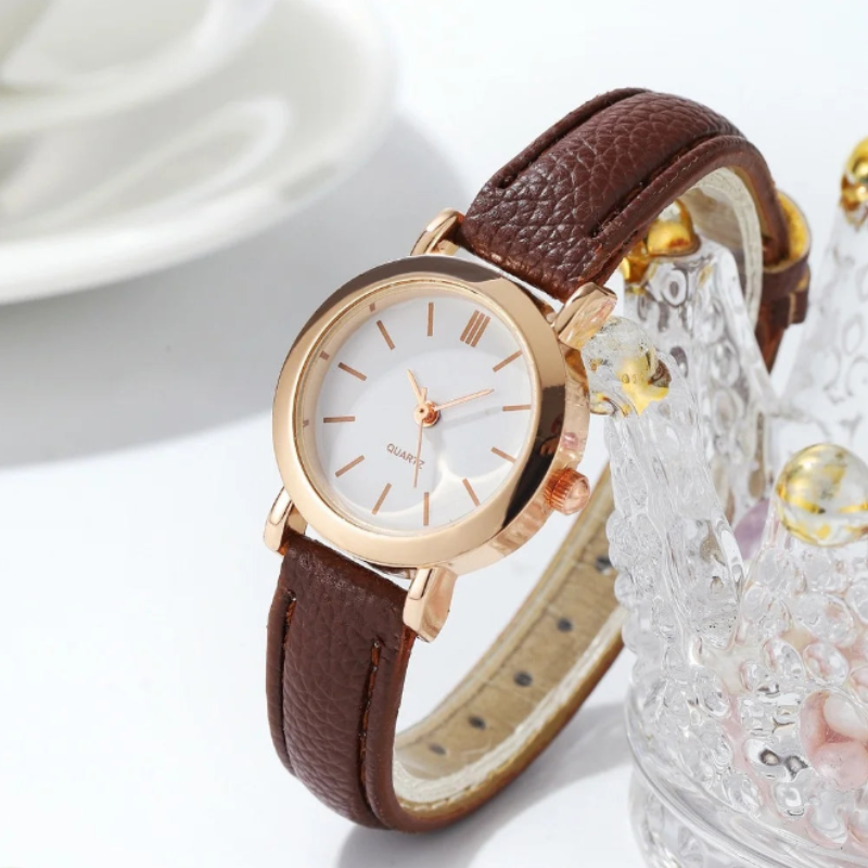 Montre automatique femme vintage ronde bracelet cuir | Marron & blanche romanesque Marron Tempor'Elle