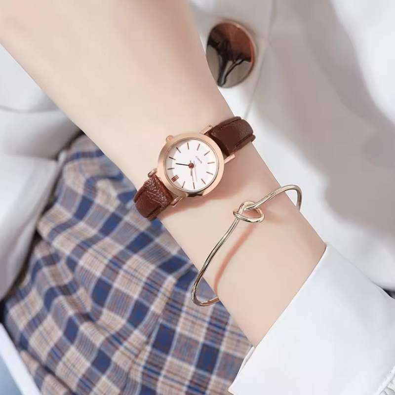 Montre automatique femme vintage ronde bracelet cuir | Marron & blanche romanesque Marron Tempor'Elle