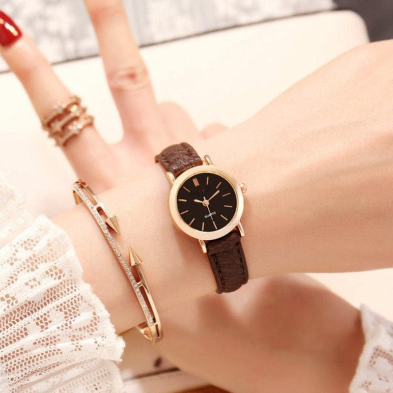 Montre automatique femme vintage ronde bracelet cuir | Marron & cadran noir romanesque Marron Tempor'Elle