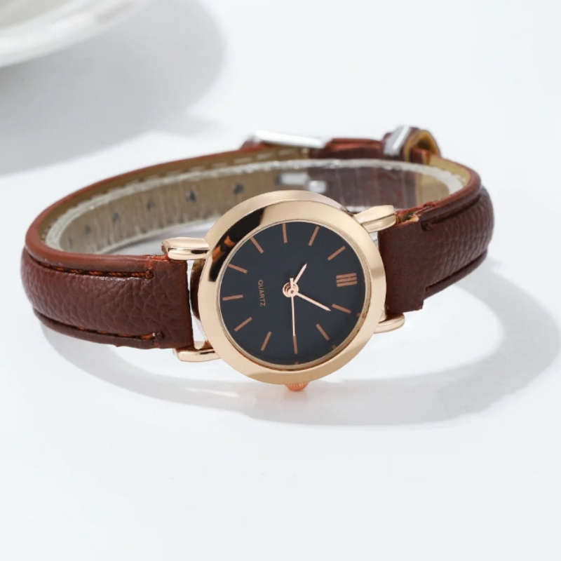 Montre automatique femme vintage ronde bracelet cuir | Marron & cadran noir romanesque Marron Tempor'Elle