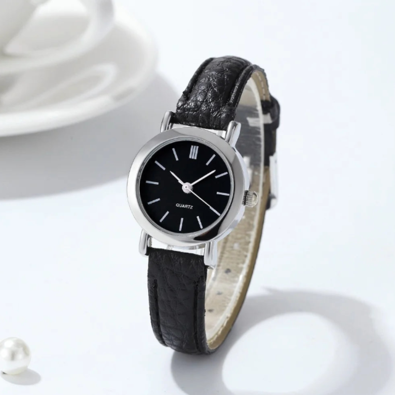 Montre automatique femme vintage ronde bracelet cuir | Noire & argentée Noire Tempor'Elle