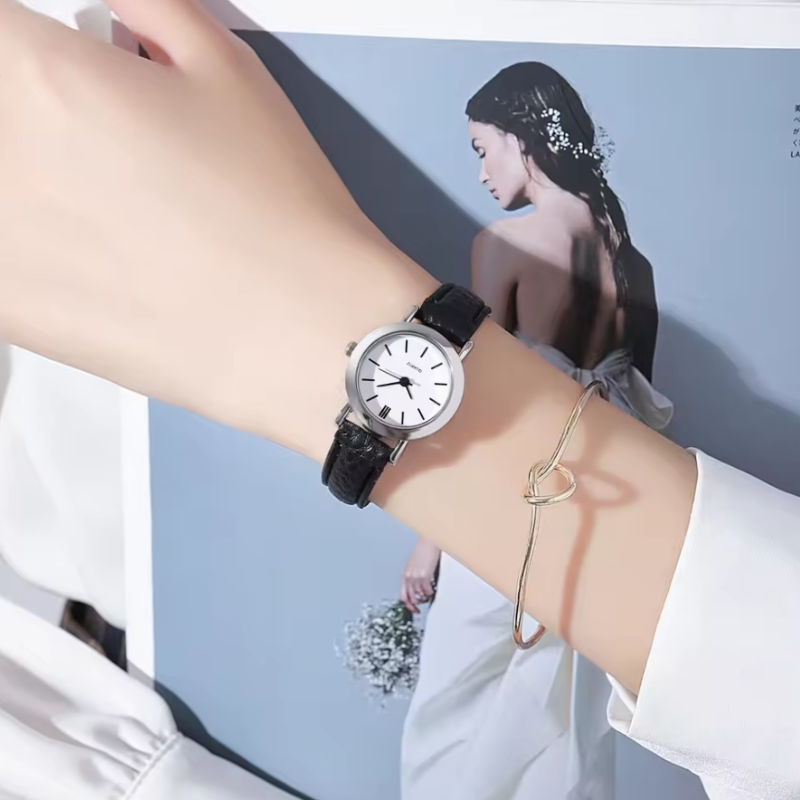 Montre automatique femme vintage ronde bracelet cuir | Noire & blanche Noire Tempor'Elle