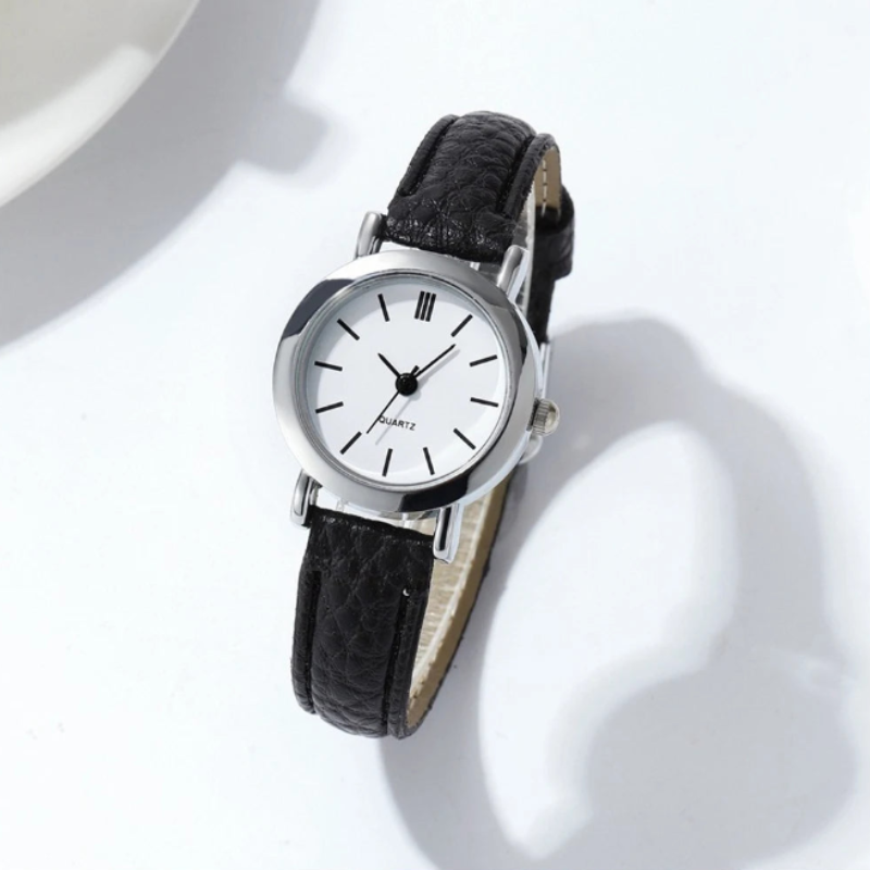 Montre automatique femme vintage ronde bracelet cuir | Noire & blanche Noire Tempor'Elle