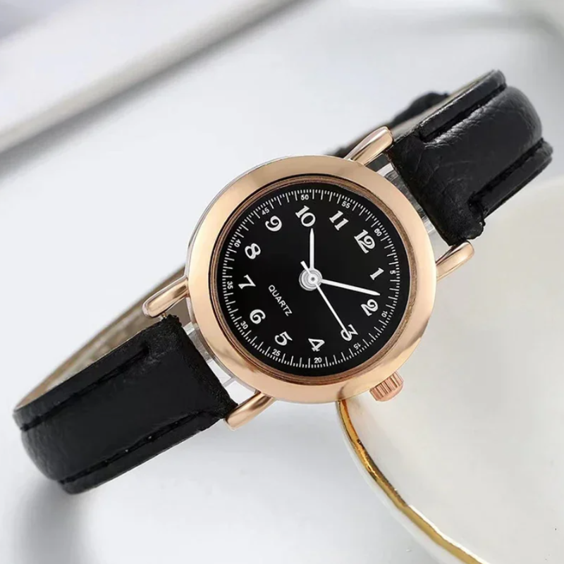 Montre automatique femme vintage ronde bracelet cuir | Noire Noire Tempor'Elle