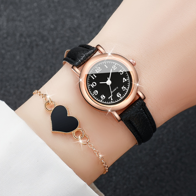 Montre automatique femme vintage ronde bracelet cuir | Noire Noire Tempor'Elle