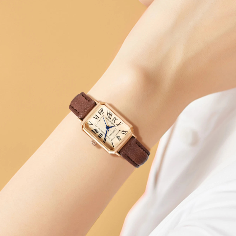 Montre vintage femme rectangulaire fine bracelet cuir | Marron Marron Tempor'Elle