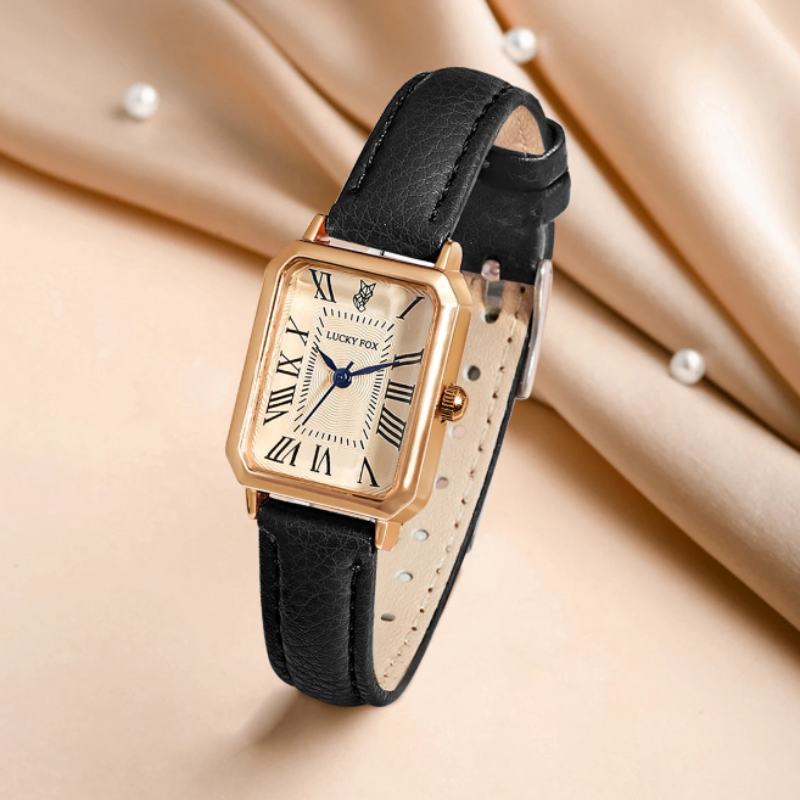 Montre vintage femme rectangulaire fine bracelet cuir | Noire Noire Tempor'Elle