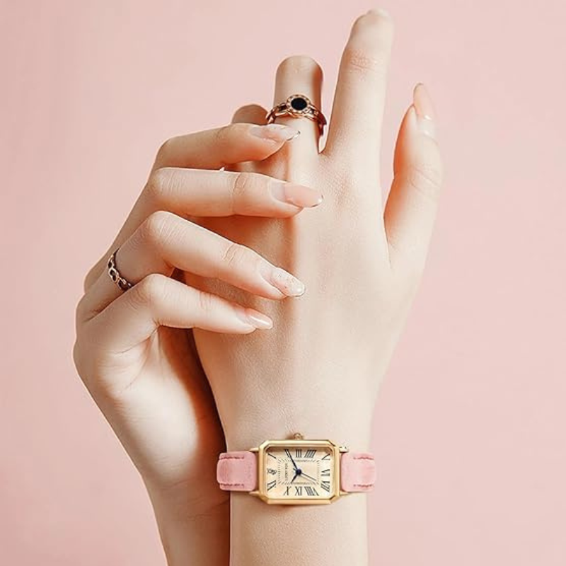 Montre vintage femme rectangulaire fine bracelet cuir | Rose Rose Tempor'Elle