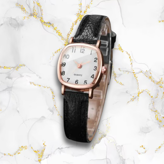 Montre automatique femme vintage carrée bracelet cuir noire | Or rose & blanche