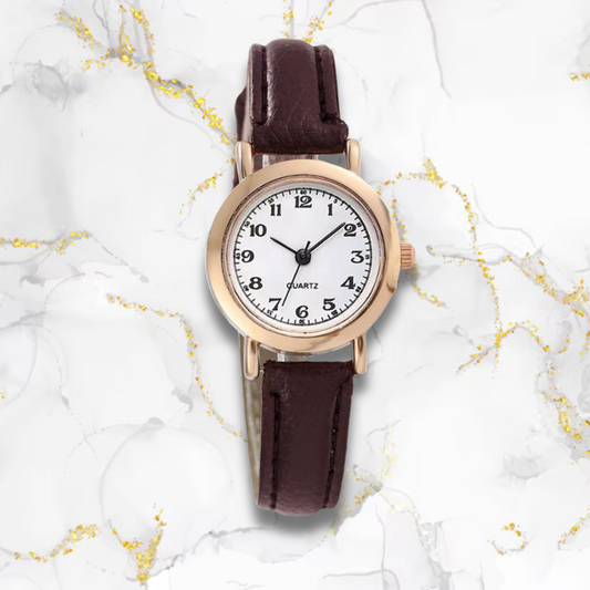 Montre automatique femme vintage ronde bracelet cuir | Marron & blanche