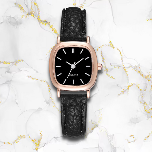 Montre automatique femme vintage carrée bracelet cuir | Noire & cadran noir