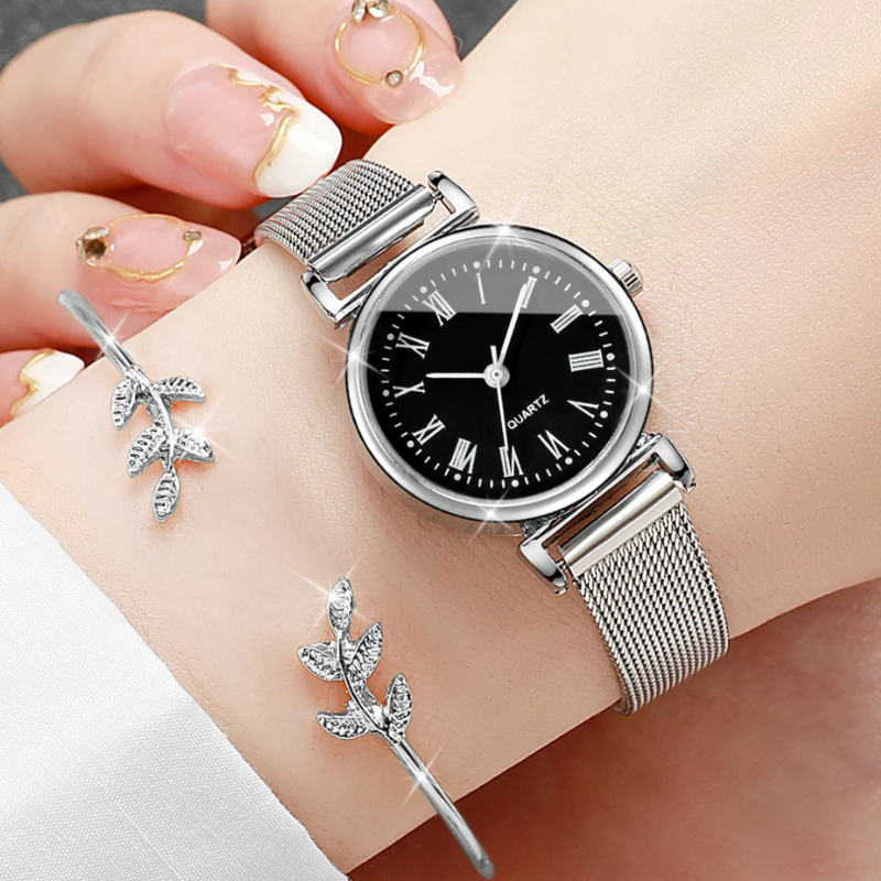 Montre acier femme fine bracelet maille | Noire romanesque Noire Tempor'Elle