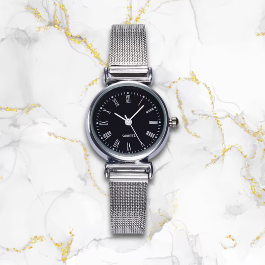 Montre acier femme fine bracelet maille | Noire romanesque Noire Tempor'Elle