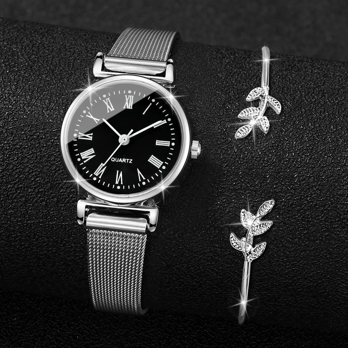 Montre acier femme fine bracelet maille | Noire romanesque Noire Tempor'Elle