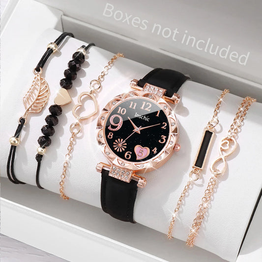 Montre automatique femme originale élégante bracelet cuir | Noire Black Set No Box Tempor'Elle