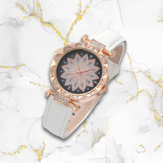 Montre automatique femme originale élégante bracelet cuir | Rosace blanche Blanche Tempor'Elle