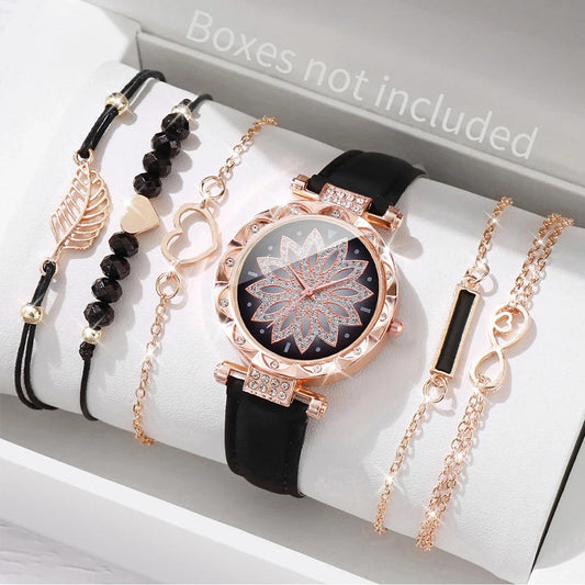 Montre automatique femme originale élégante bracelet cuir | Rosace noire B Black No Box Tempor'Elle
