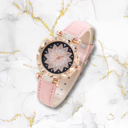 Montre automatique femme originale élégante bracelet cuir | Rosace rose Rose Tempor'Elle