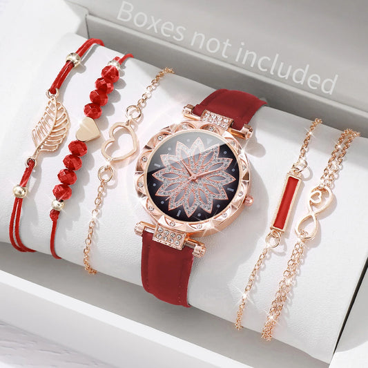 Montre automatique femme originale élégante bracelet cuir | Rosace rouge B Red No Box Tempor'Elle