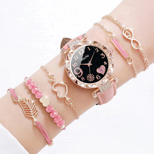 Montre automatique femme originale élégante bracelet cuir | Rose 6PCS Set Without Box Tempor'Elle