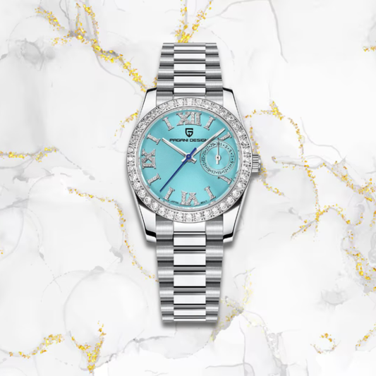 Montre automatique femme ronde diamantée en acier | Bleu ciel Bleue Tempor'Elle