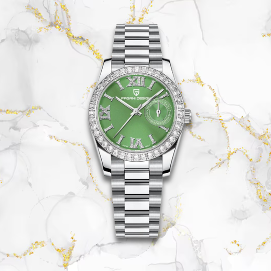 Montre automatique femme ronde diamantée en acier | Vert intense Vert Tempor'Elle