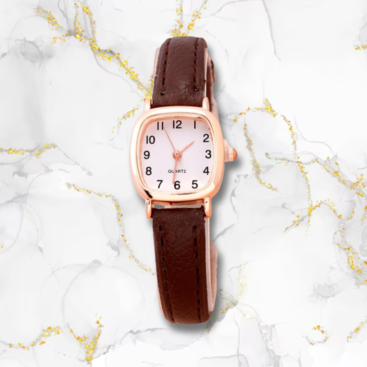 Montre automatique femme vintage carrée bracelet cuir | Marron & cadran blanc Marron Tempor'Elle