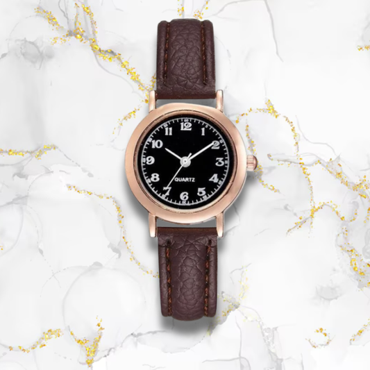 Montre automatique femme vintage carrée bracelet cuir | Marron & cadran noir Marron Tempor'Elle