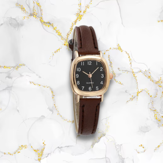 Montre automatique femme vintage carrée bracelet cuir | Marron & noir Marron Tempor'Elle