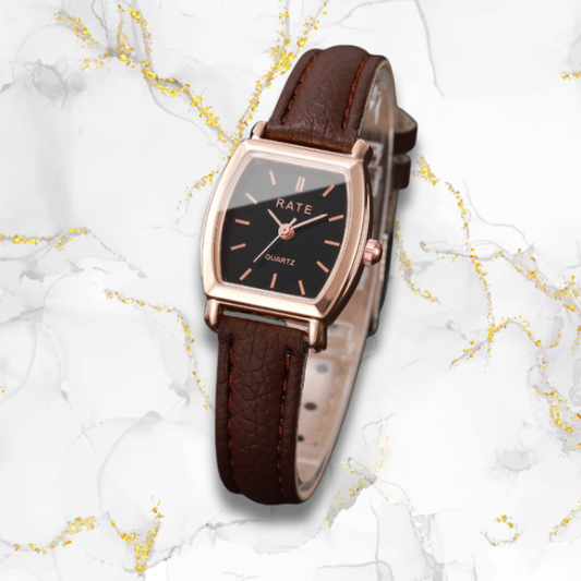 Montre automatique femme vintage carrée bracelet cuir | Marron & or rose Marron Tempor'Elle