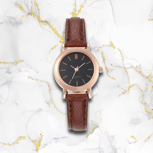 Montre automatique femme vintage ronde bracelet cuir | Marron & cadran noir romanesque Marron Tempor'Elle