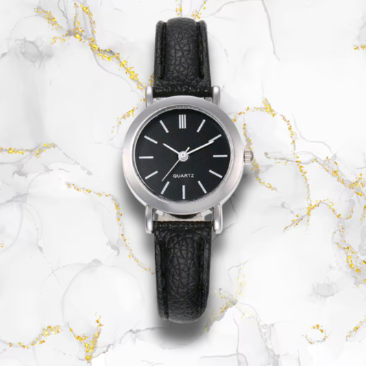 Montre automatique femme vintage ronde bracelet cuir | Noire & argentée Noire Tempor'Elle