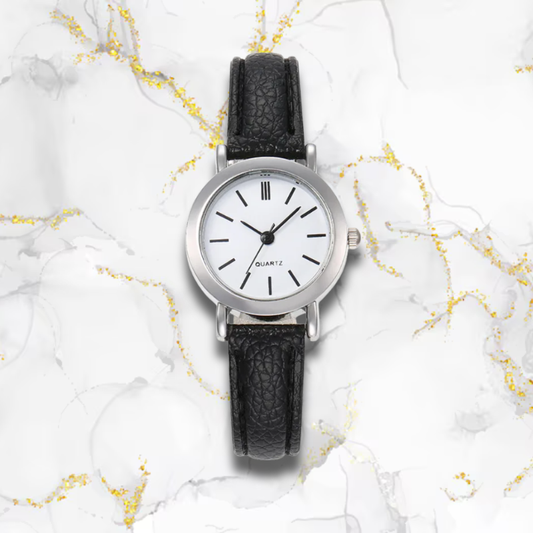 Montre automatique femme vintage ronde bracelet cuir | Noire & blanche Noire Tempor'Elle