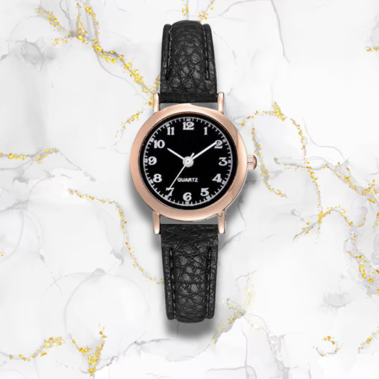 Montre automatique femme vintage ronde bracelet cuir | Noire Noire Tempor'Elle