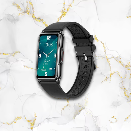 Montre connectée femme élégante longue | Bracelet cuir noir Noire Tempor'Elle