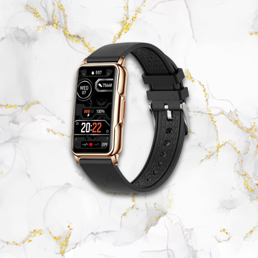 Montre connectée femme élégante longue sportive | Bracelet noir & cadran doré Noire Tempor'Elle