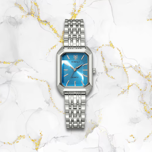 Montre femme rectangulaire automatique élégante | Argentée & bleue Argentée Tempor'Elle