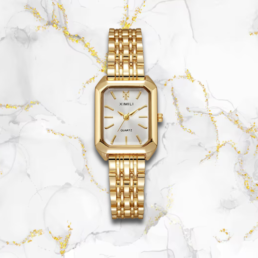 Montre femme rectangulaire automatique élégante | Or & blanche Dorée Tempor'Elle