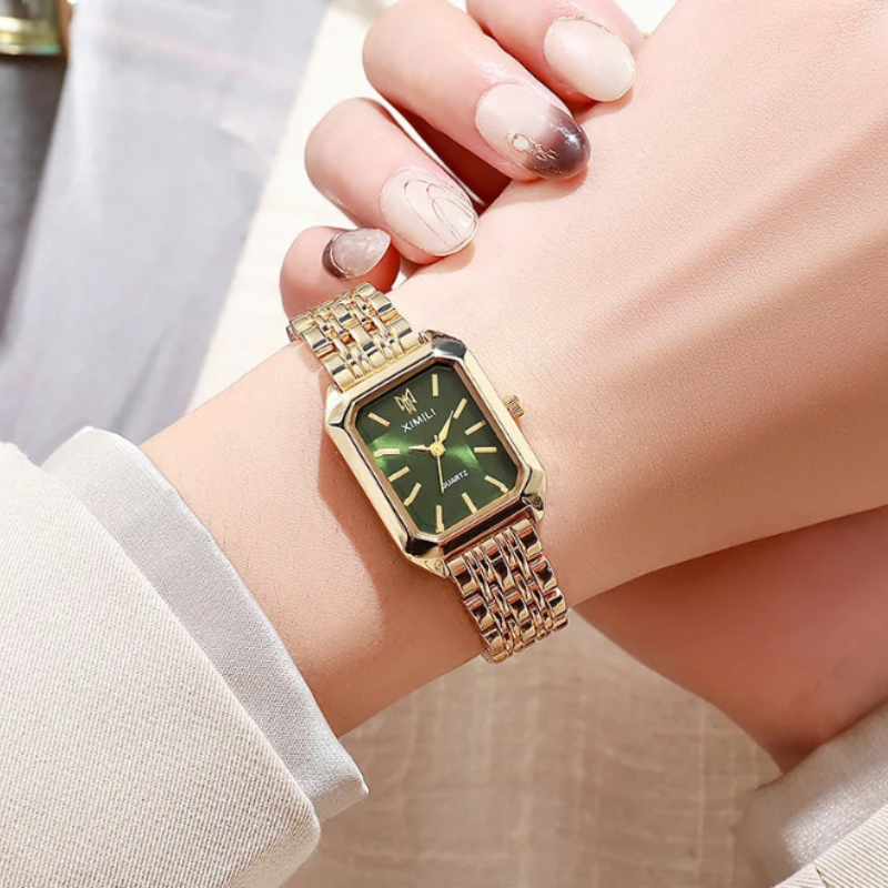 Montre femme rectangulaire automatique élégante | Or & verte Dorée Tempor'Elle