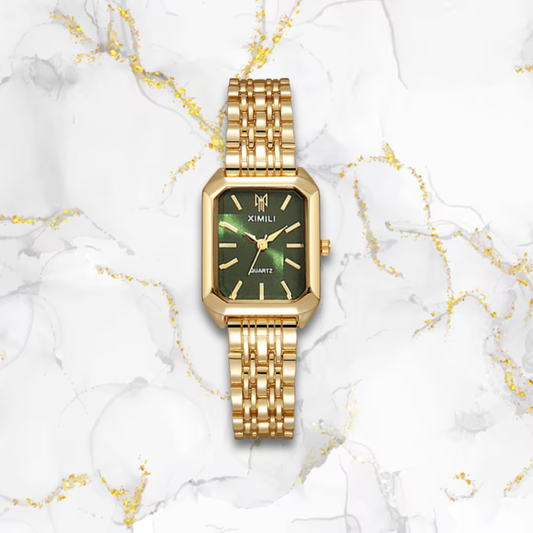 Montre femme rectangulaire automatique élégante | Or & verte Dorée Tempor'Elle