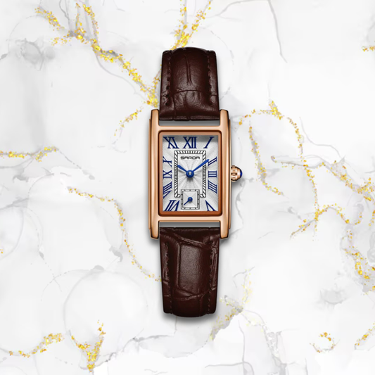 Montre femme rectangulaire automatique vintage bracelet cuir | Bracelet marron & cadran or rose romanesque Marron Tempor'Elle