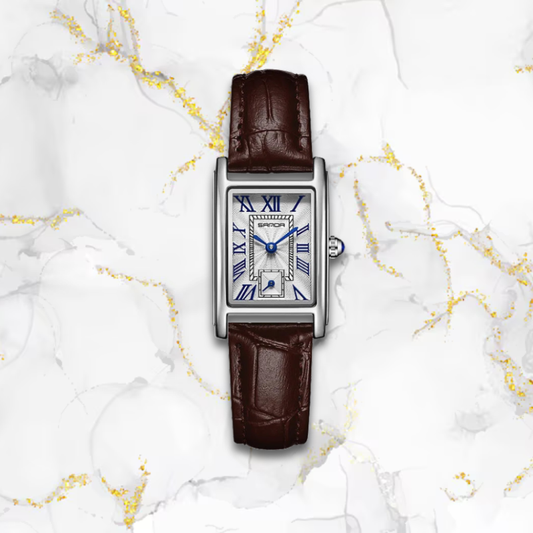 Montre femme rectangulaire automatique vintage bracelet cuir | Marron & cadran argenté Marron Tempor'Elle
