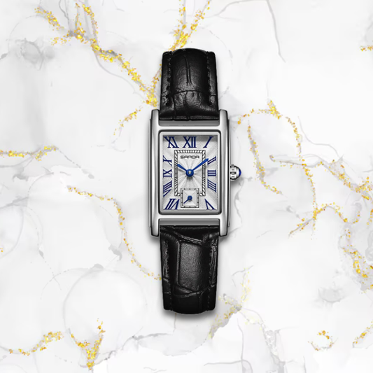 Montre femme rectangulaire automatique vintage bracelet cuir | Noir & cadran bleu romanesque Noire Tempor'Elle