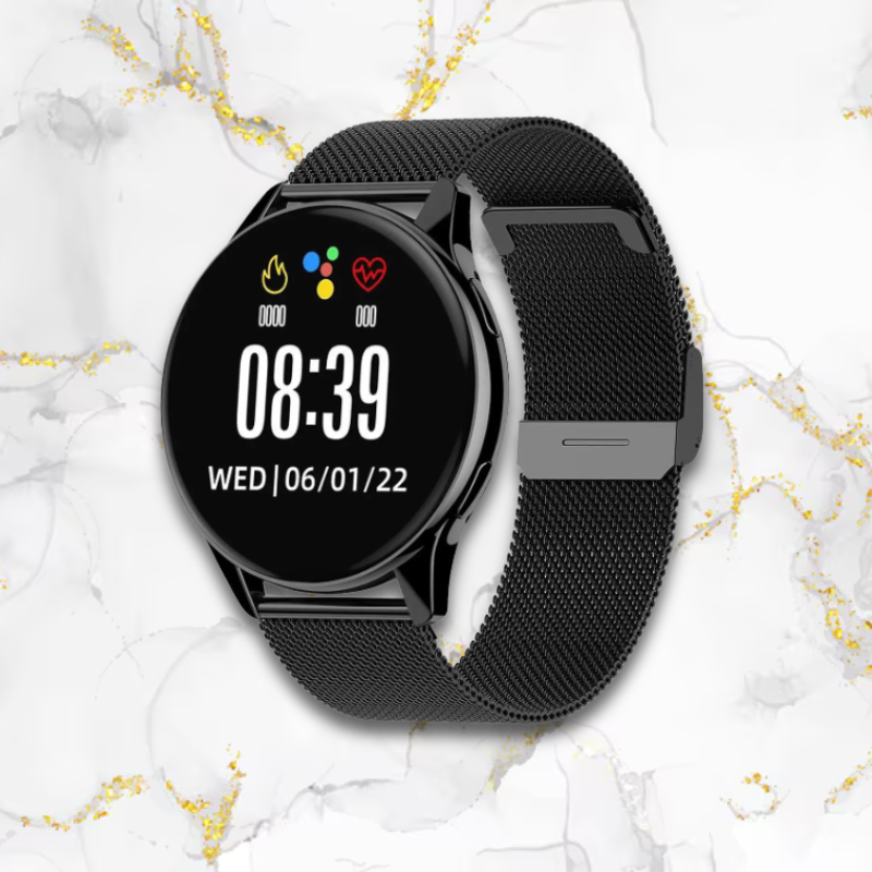 Montre sport femme connectée ronde | Bracelet maille noir Noire Tempor'Elle